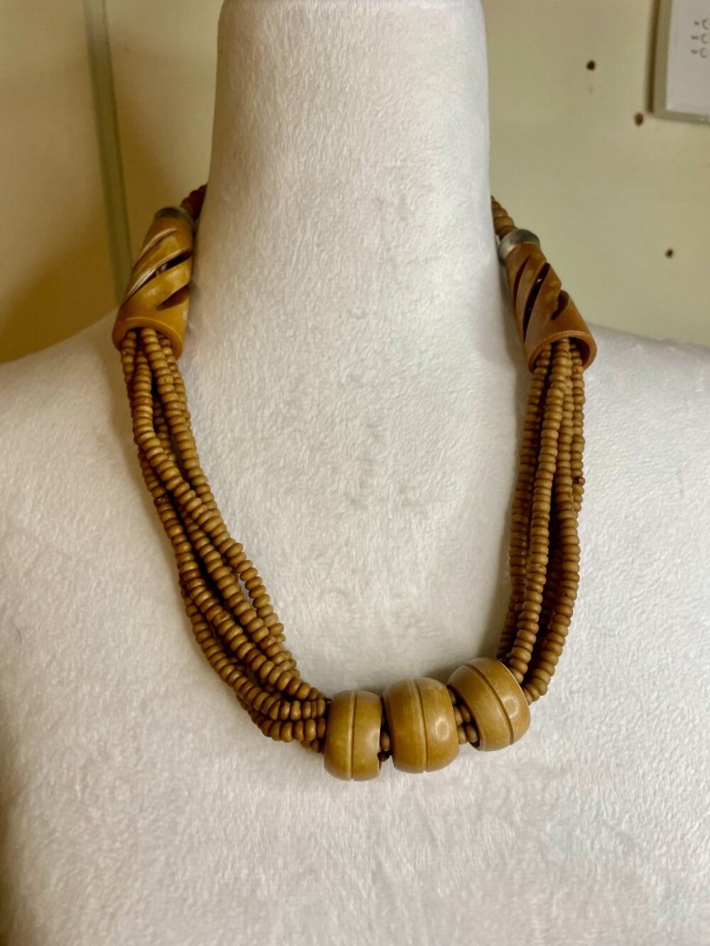 Vintage Bovine Bone Brown Beaded Necklace 4 Strands C1970's